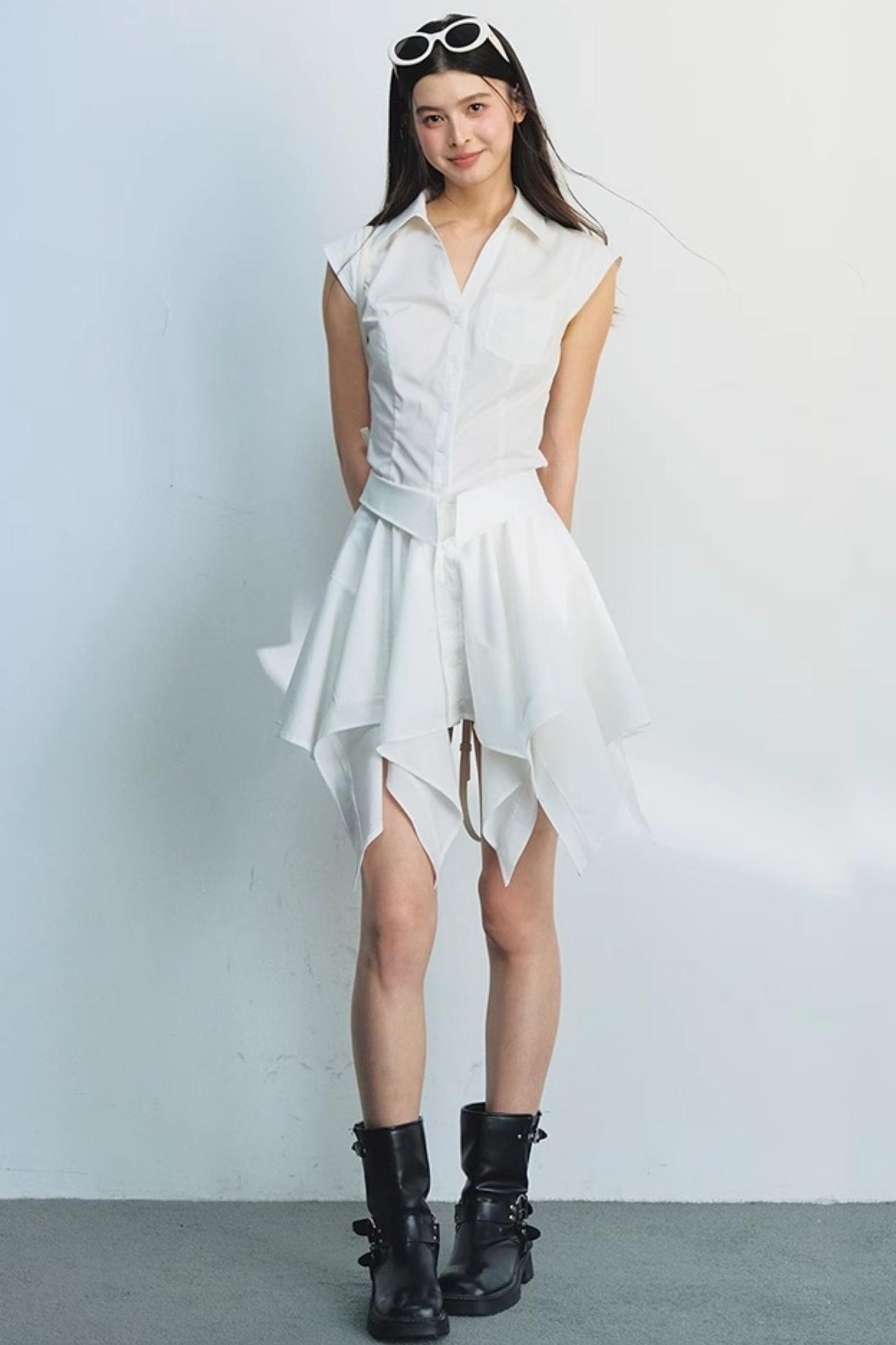 White Dash Sleeve Waist-Trim Shirt Set-Up