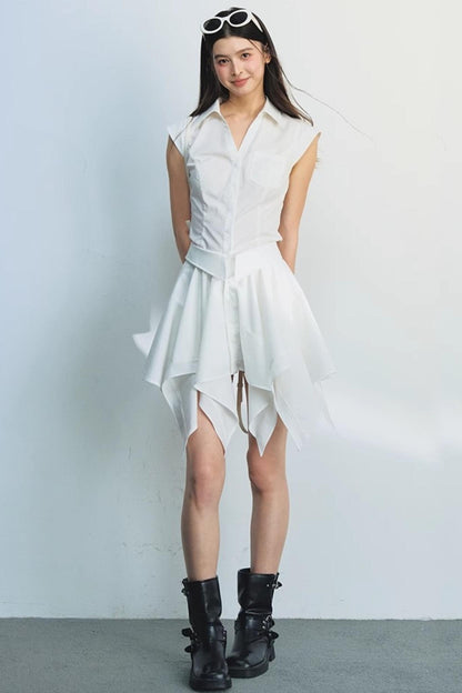 White Dash Sleeve Waist-Trim Shirt Set-Up