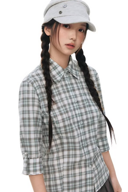 Plaid Cotton Waist-Cinching Blouse