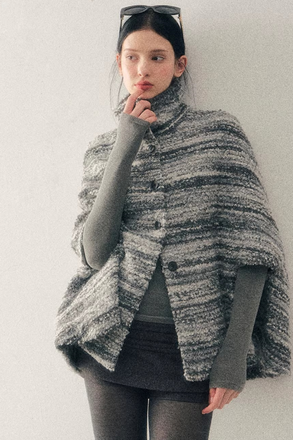 French Striped Wool Cape Coat