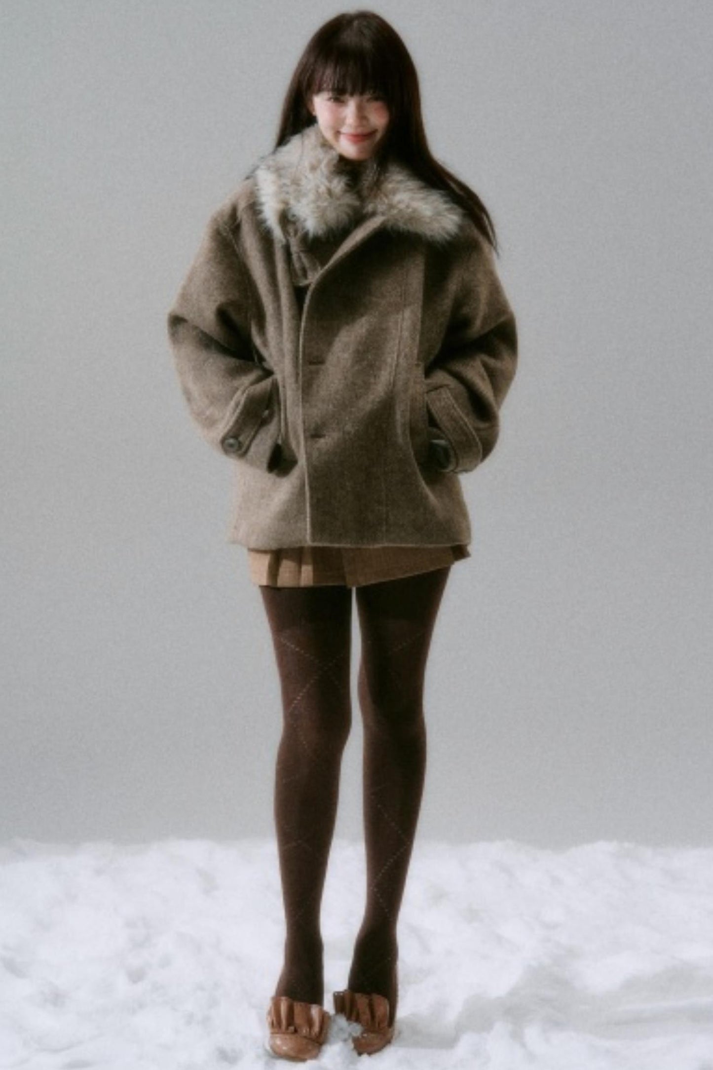 Bow Fur Collar Wool Coat