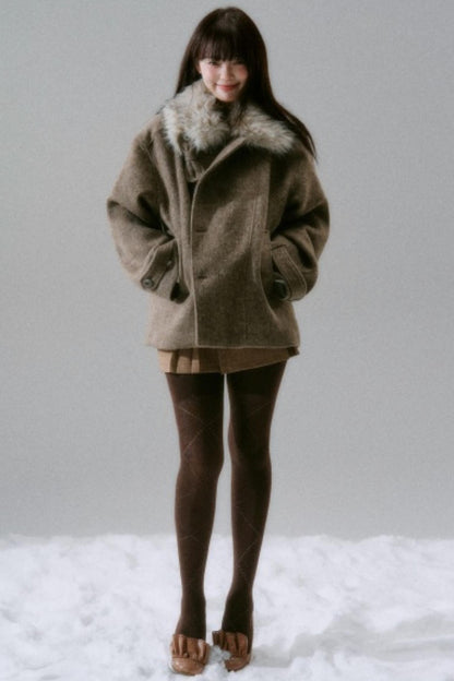 Bow Fur Collar Wool Coat