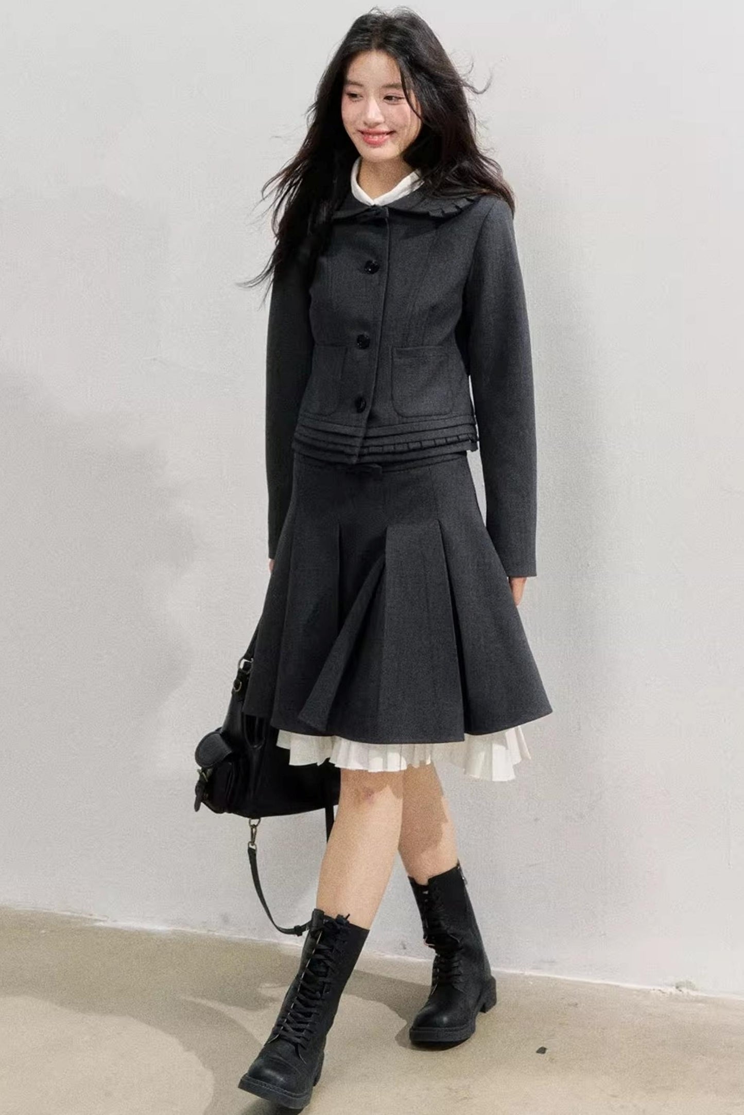 Lead Grey Preppy Blazer Skirt Set-Up