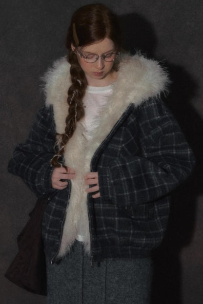 Elk Fur Collar Plaid Woolen Jacket