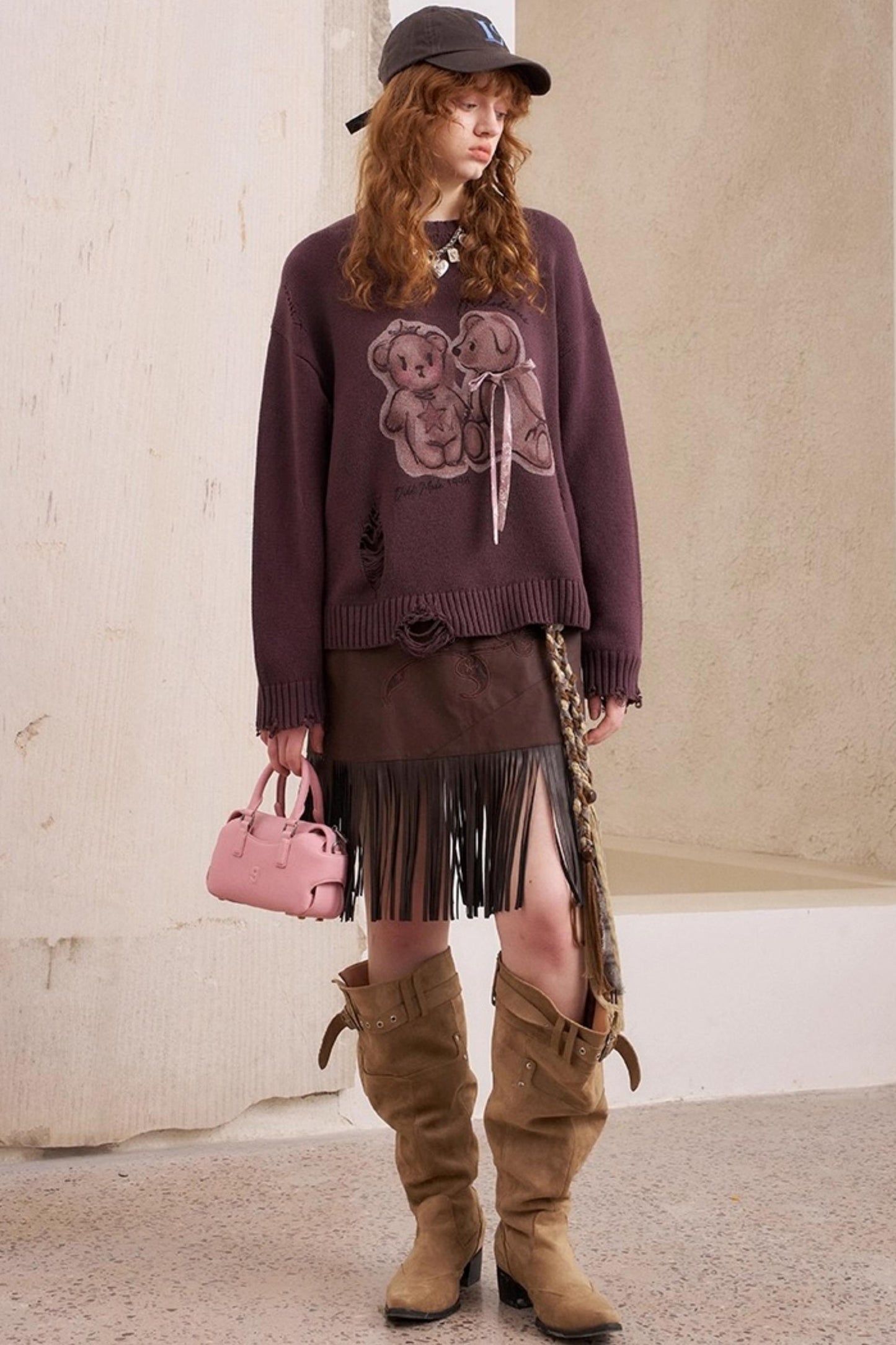 Kiss Bear Print Long Sleeve Sweater