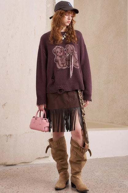 Kiss Bear Print Long Sleeve Sweater