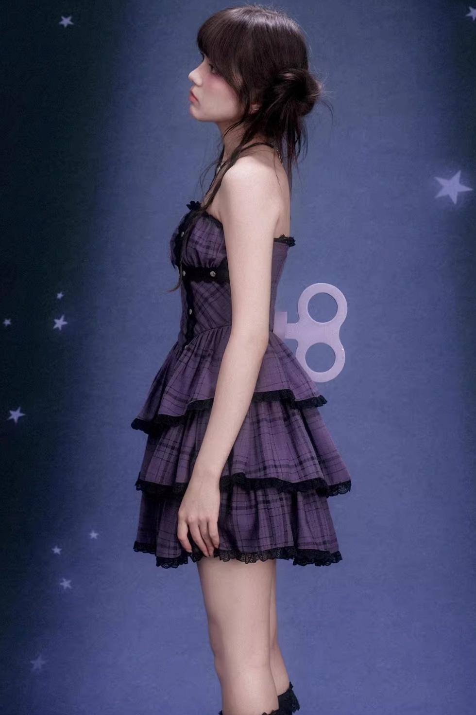 Grape Purple Plaid Strapless Dress Set