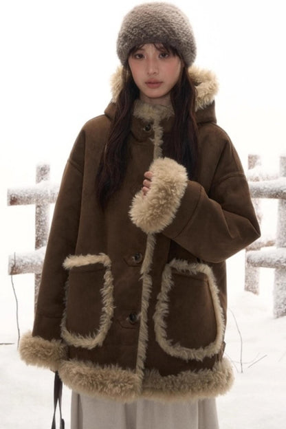 Reversible Hooded Suede Coat