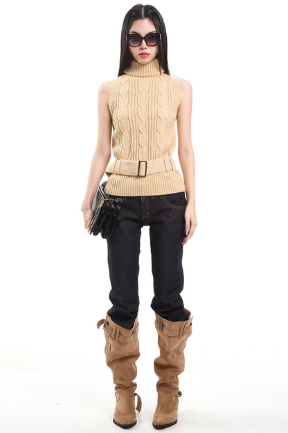 Retro Khaki Cable Knit Cardigan Set