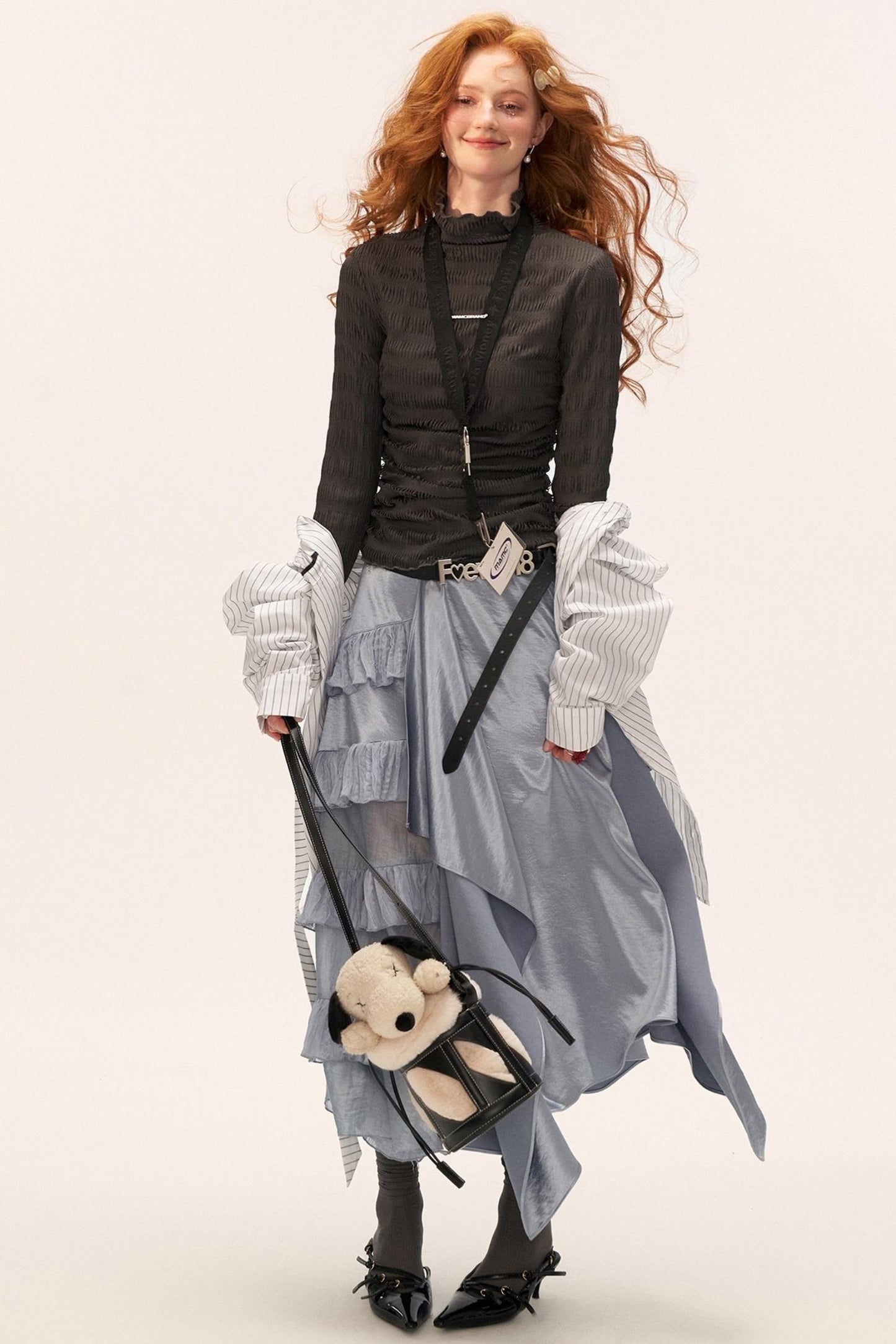 High-Neck Knitted Striped Slimming Shirt