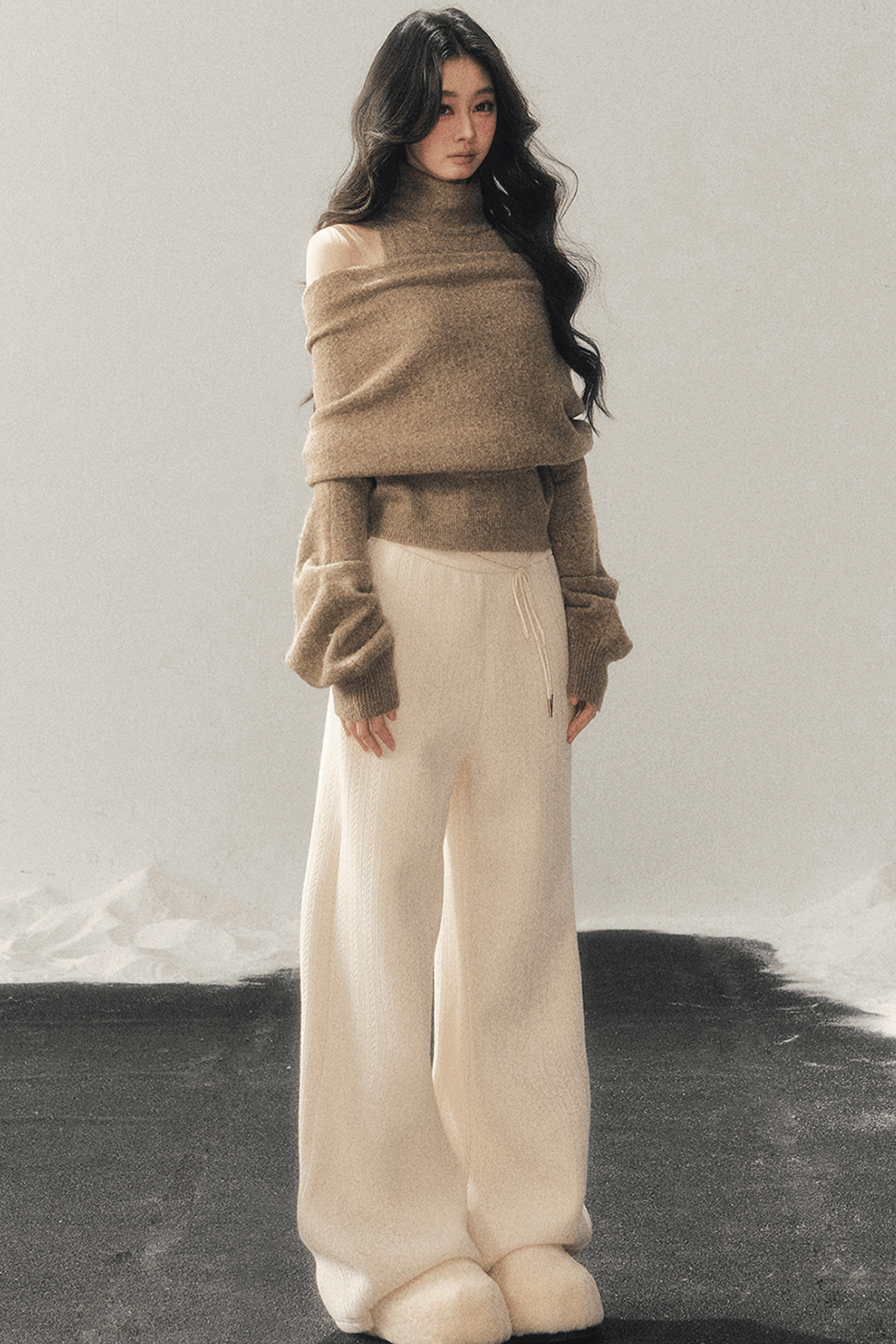 High-Neck Off-Shoulder Knit Sweater Set