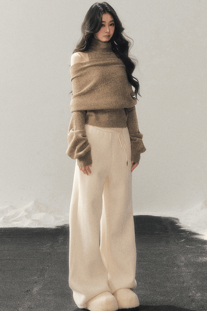 High-Neck Off-Shoulder Knit Sweater Set