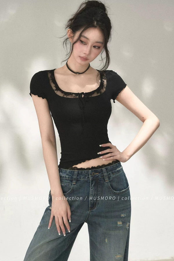 Lace Ruffle Short Sleeve Top