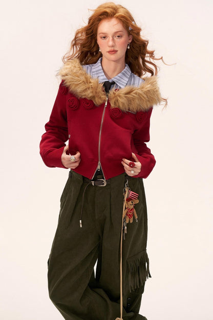 Detachable Fur Collar Double Zipper Jacket
