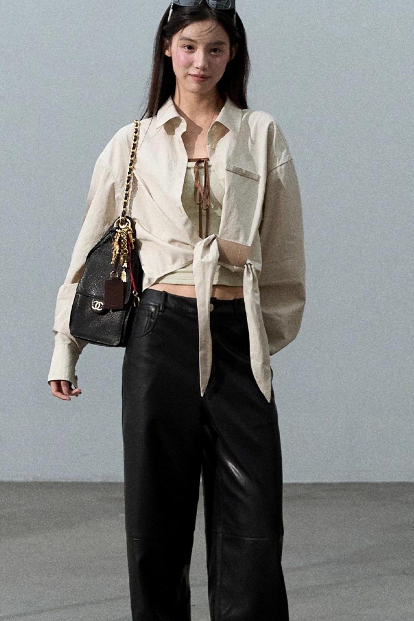 Retro Print Wide-leg Leather Pants