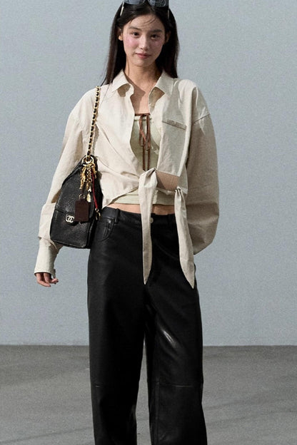 Retro Print Wide-leg Leather Pants