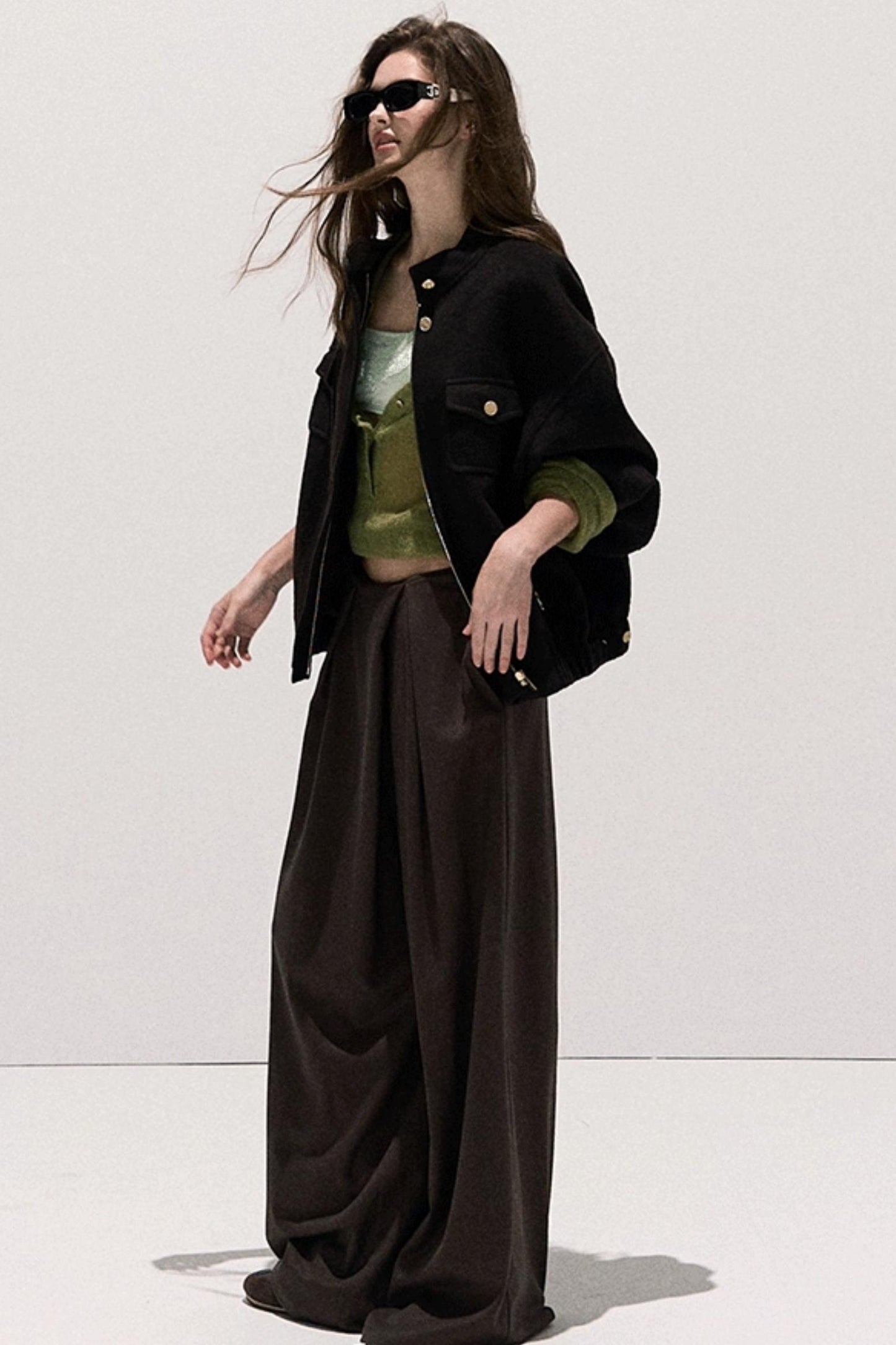 Tencel Wool Pleats Wide-Leg Pants