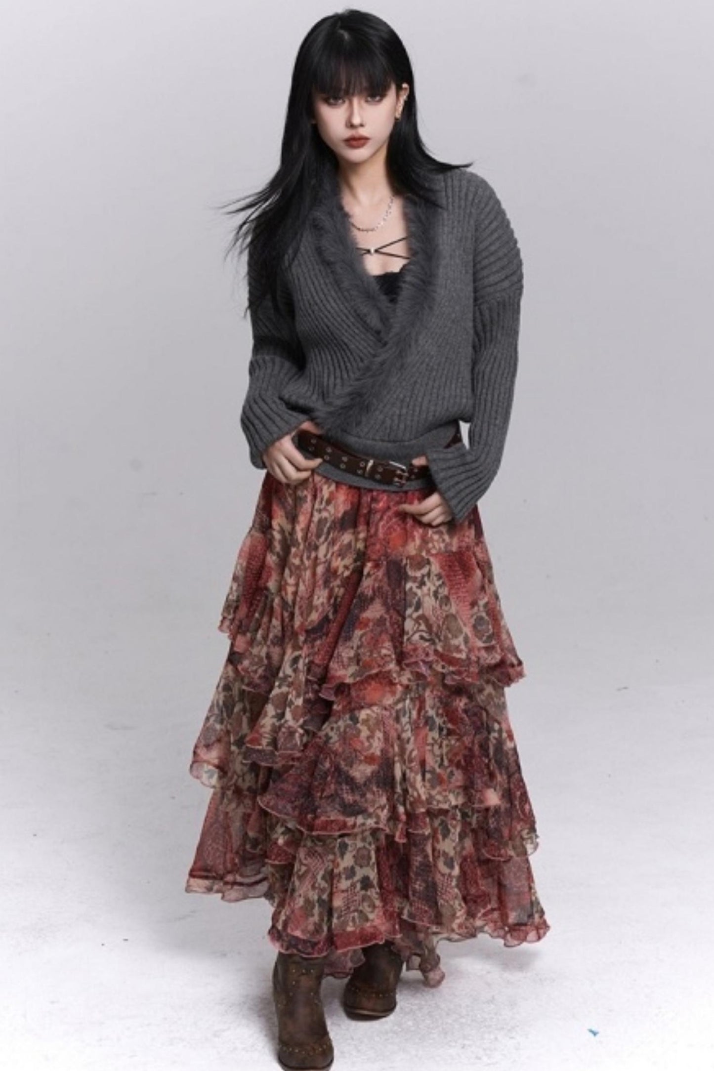 Red Floral Tiered Skirt