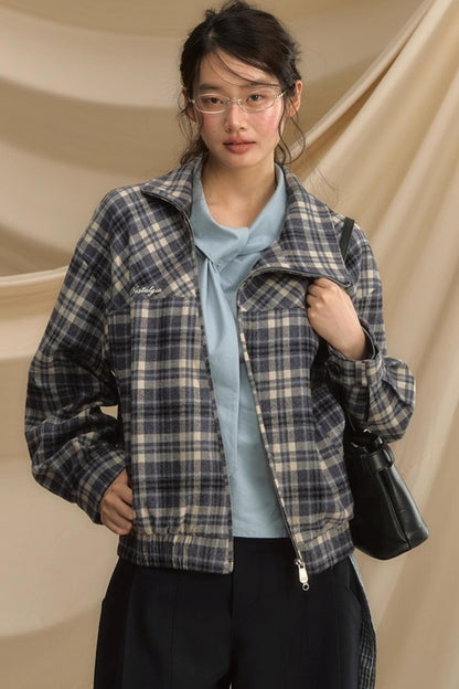 Vintage Plaid Diagonal Flight Jacket