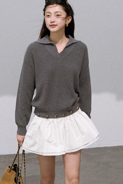 Wool V-Neck Detachable Skirt Dress