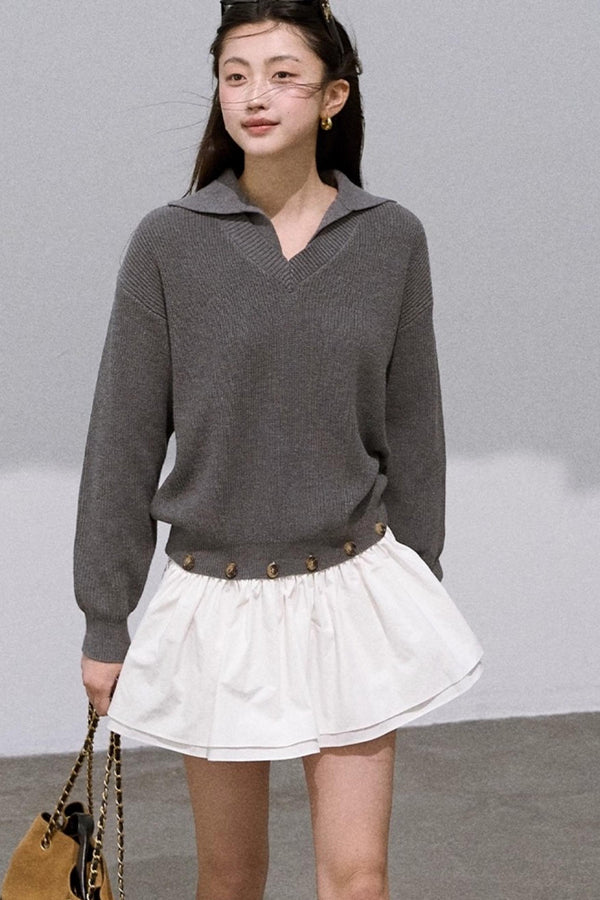 Wool V-Neck Detachable Skirt Dress