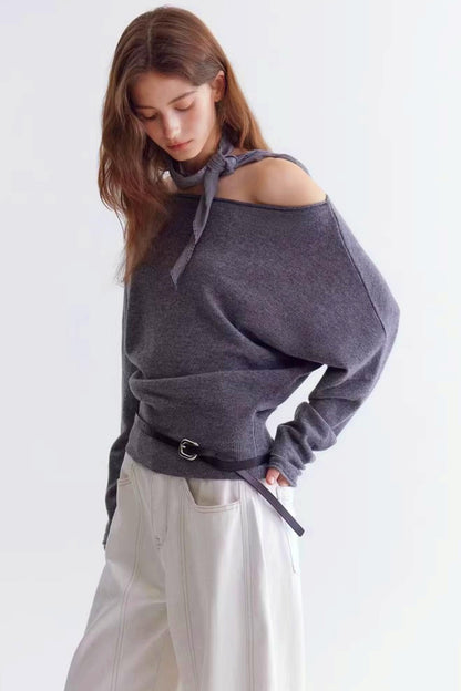 Rolled Edge Off-Shoulder Wool Sweater