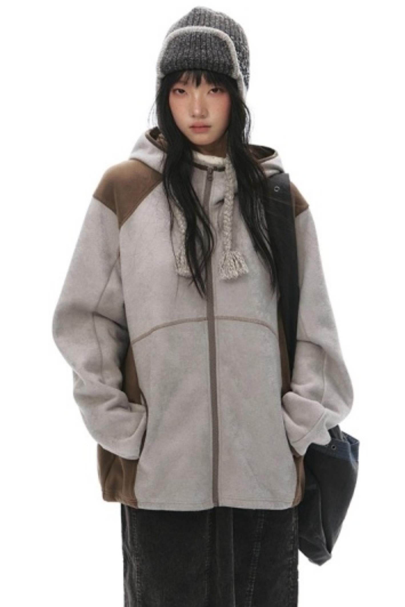 Fleece Patchwork Hooded Jacket