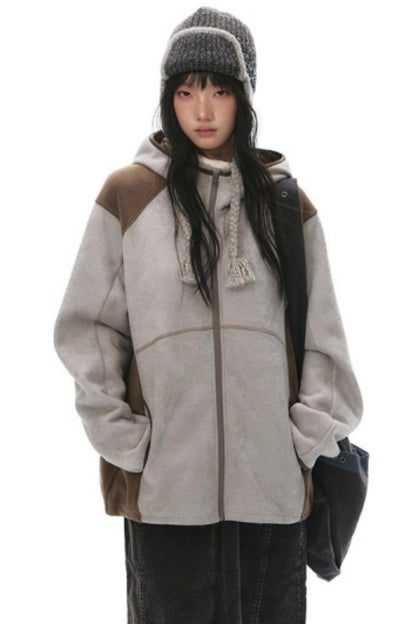 Fleece Patchwork Hooded Jacket