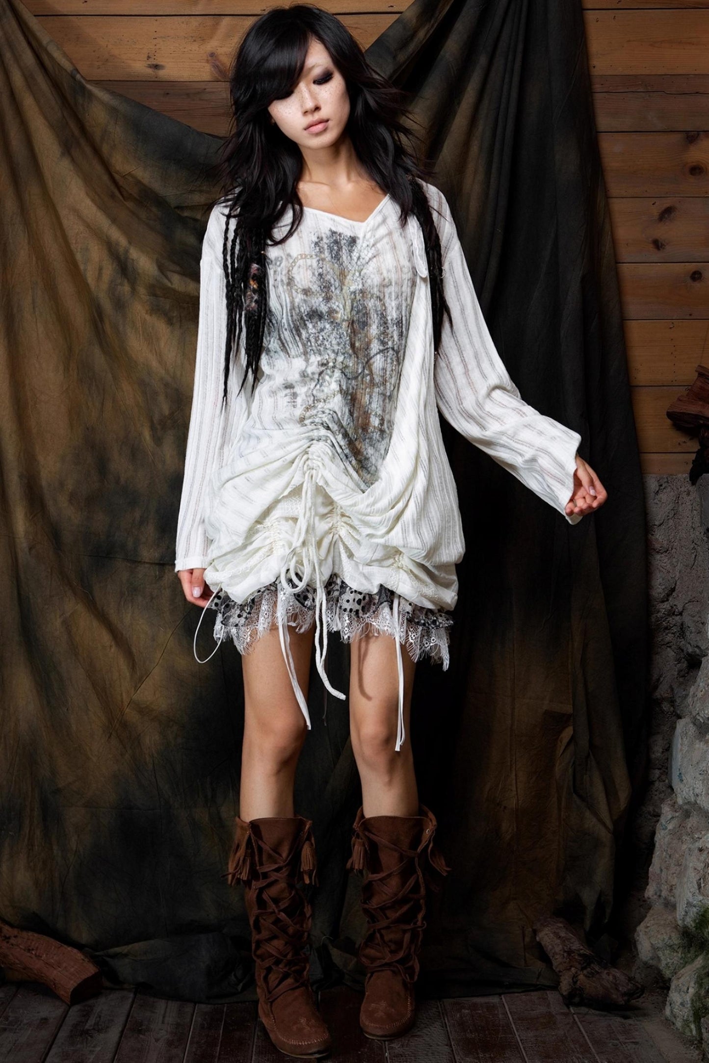 Vintage Lace-Up Knitted V-Neck T-Shirt