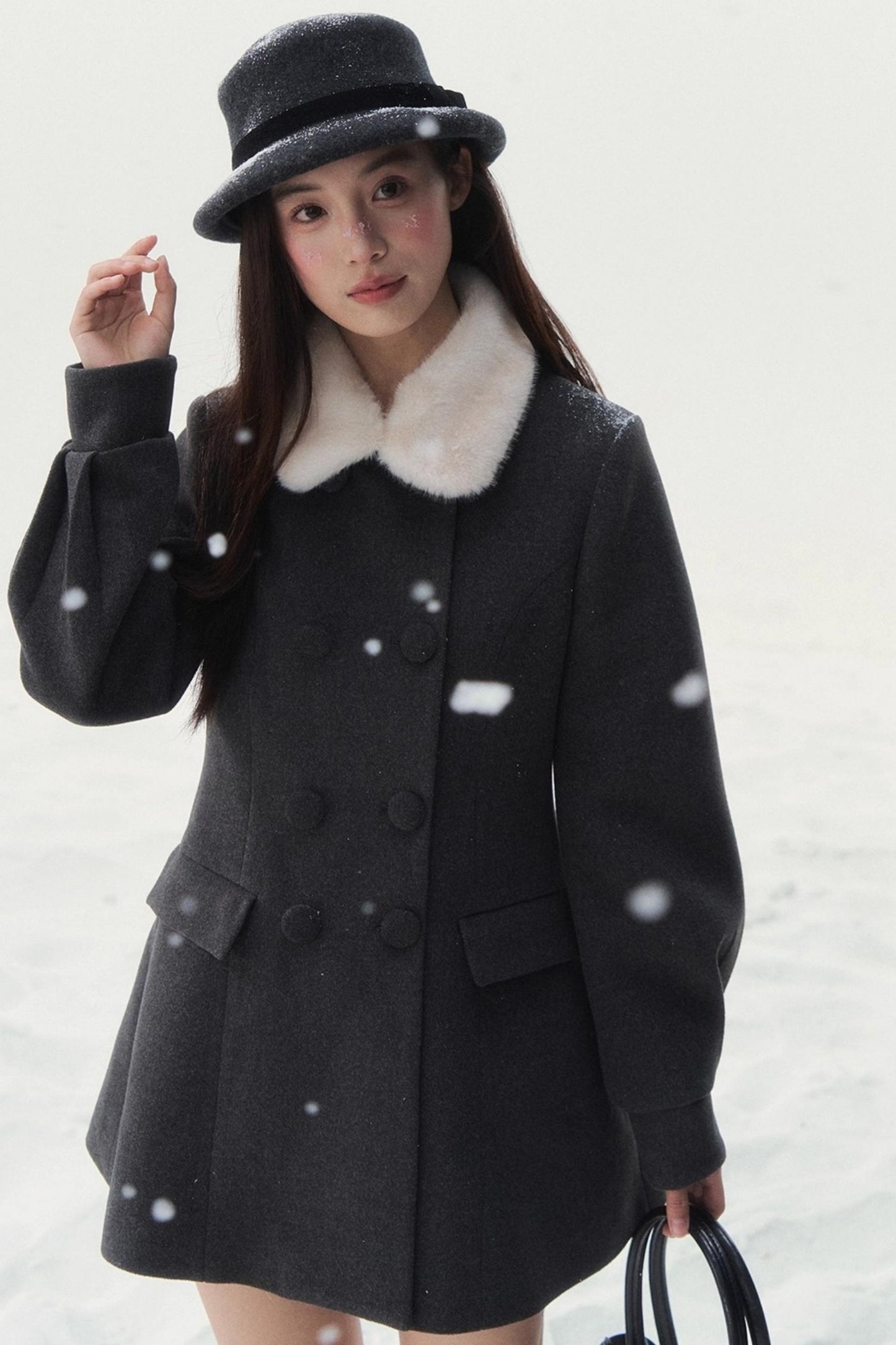 Double-Breasted Fur Collar Coat Set-Up
