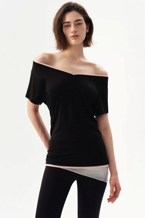 Minimalist Colorblock Deep V-Neck Wool Blend T-Shirt
