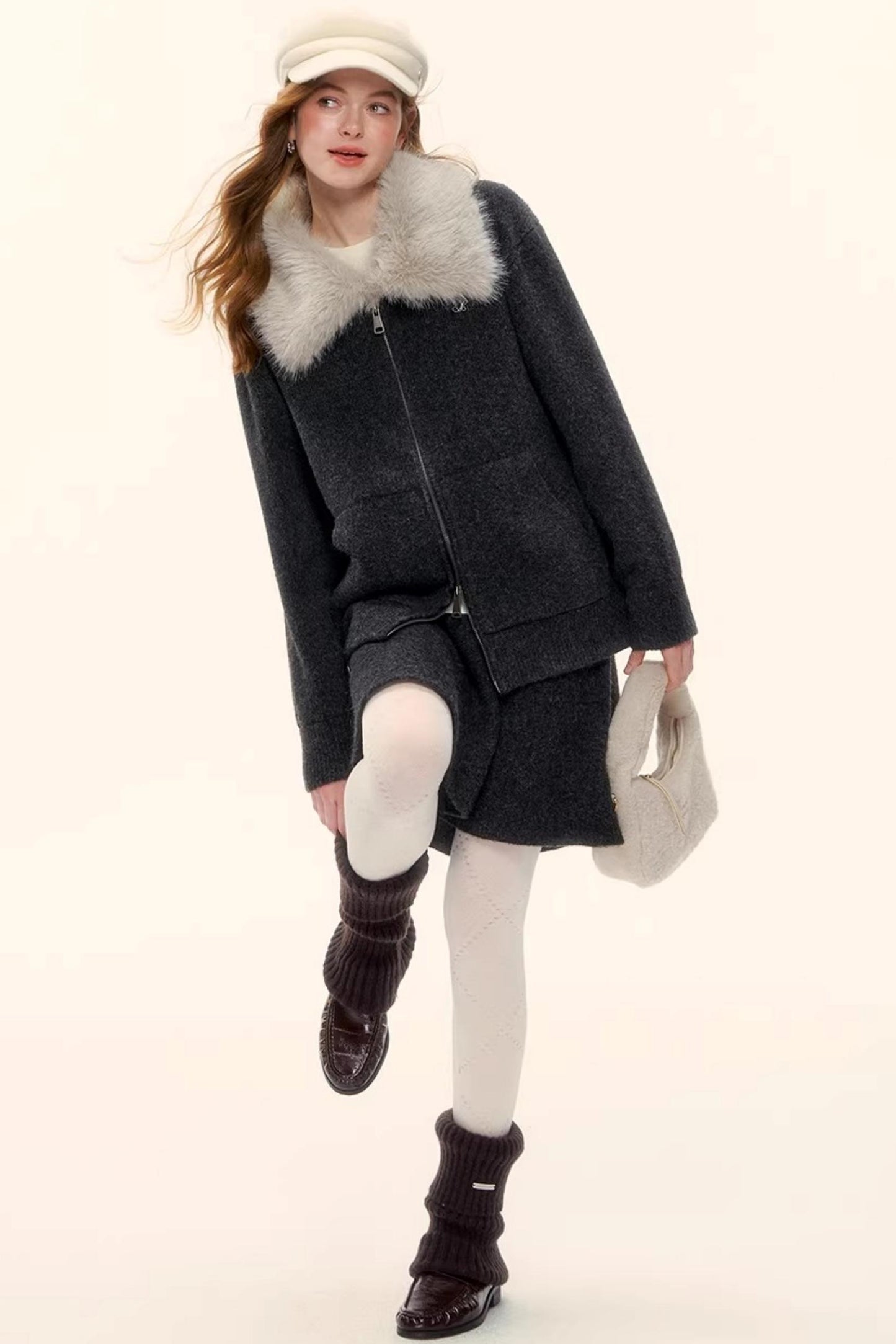 Wool Blend Lapel Fur Collar Coat Set-Up