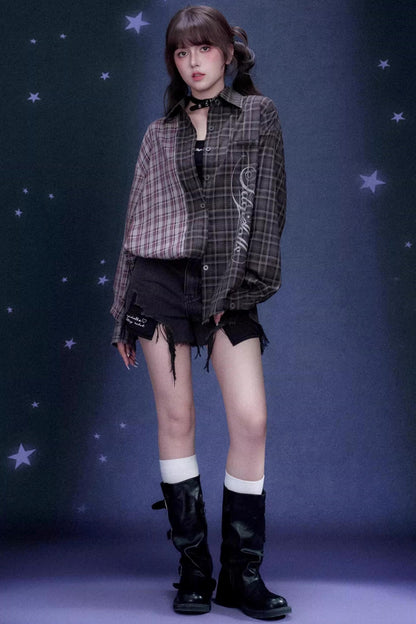 Plaid Asymmetric Patchwork Shirt