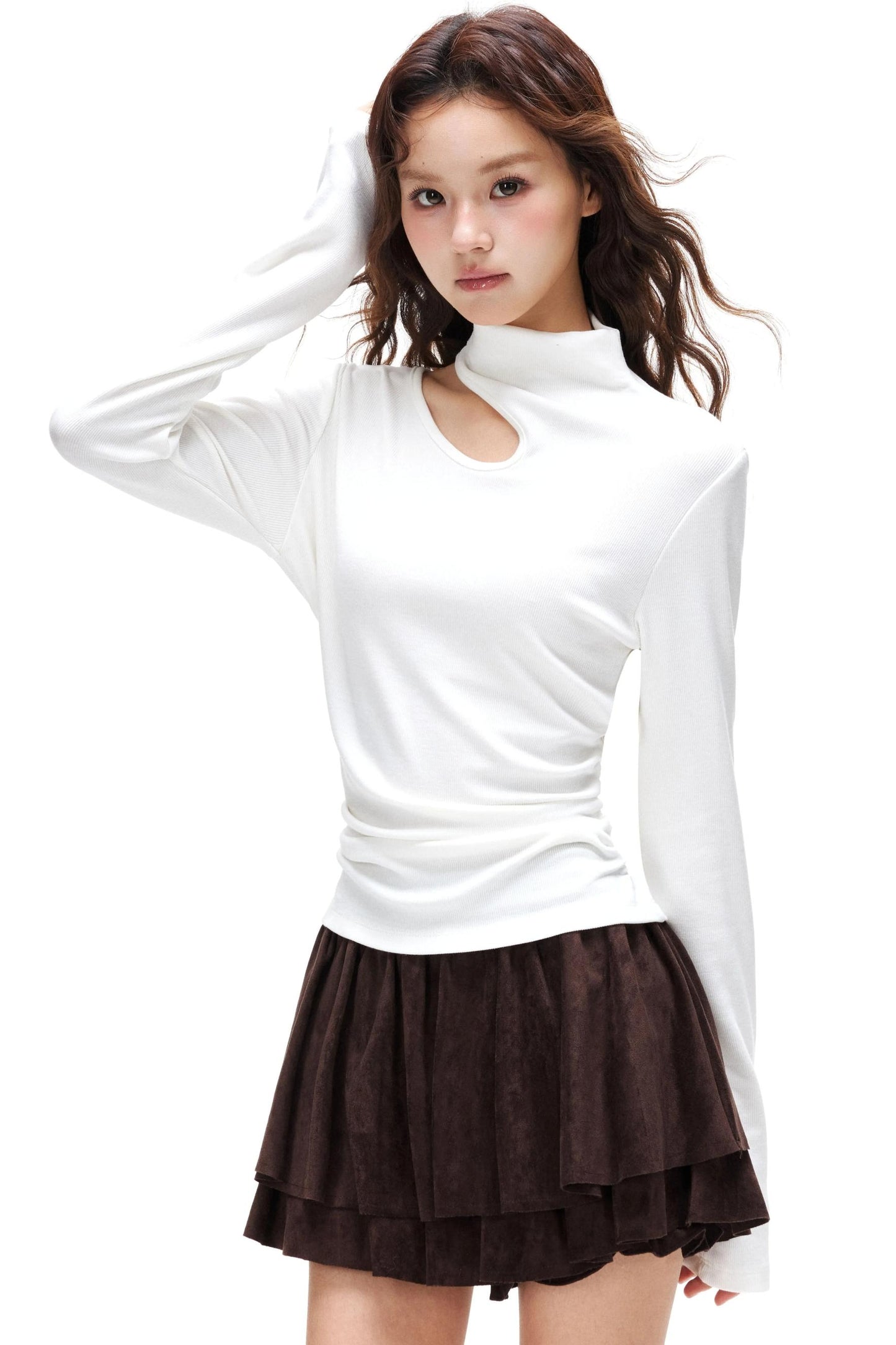 Thin Velvet Pleated Turtleneck Top