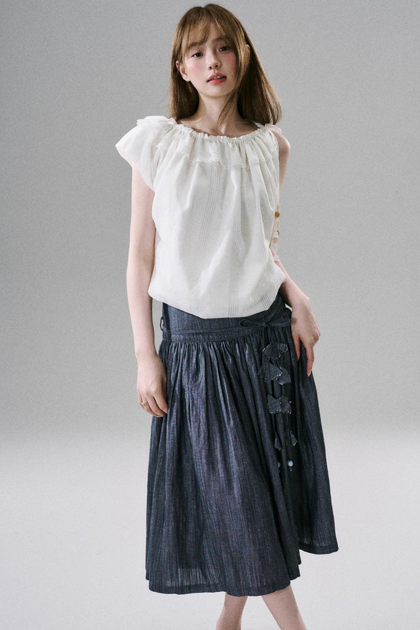 Beaded One-Shoulder Linen Top