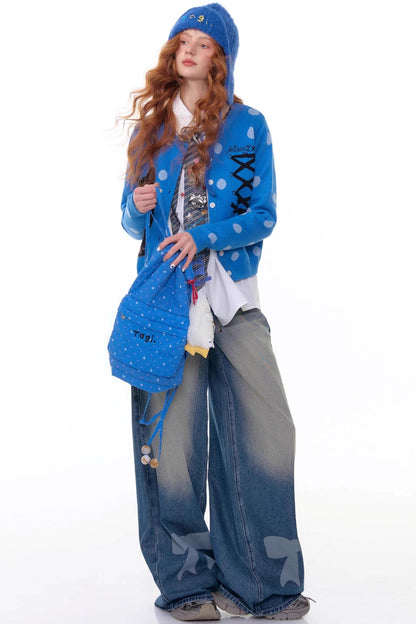 Blue Cat Polka Dot Knitted Cardigan
