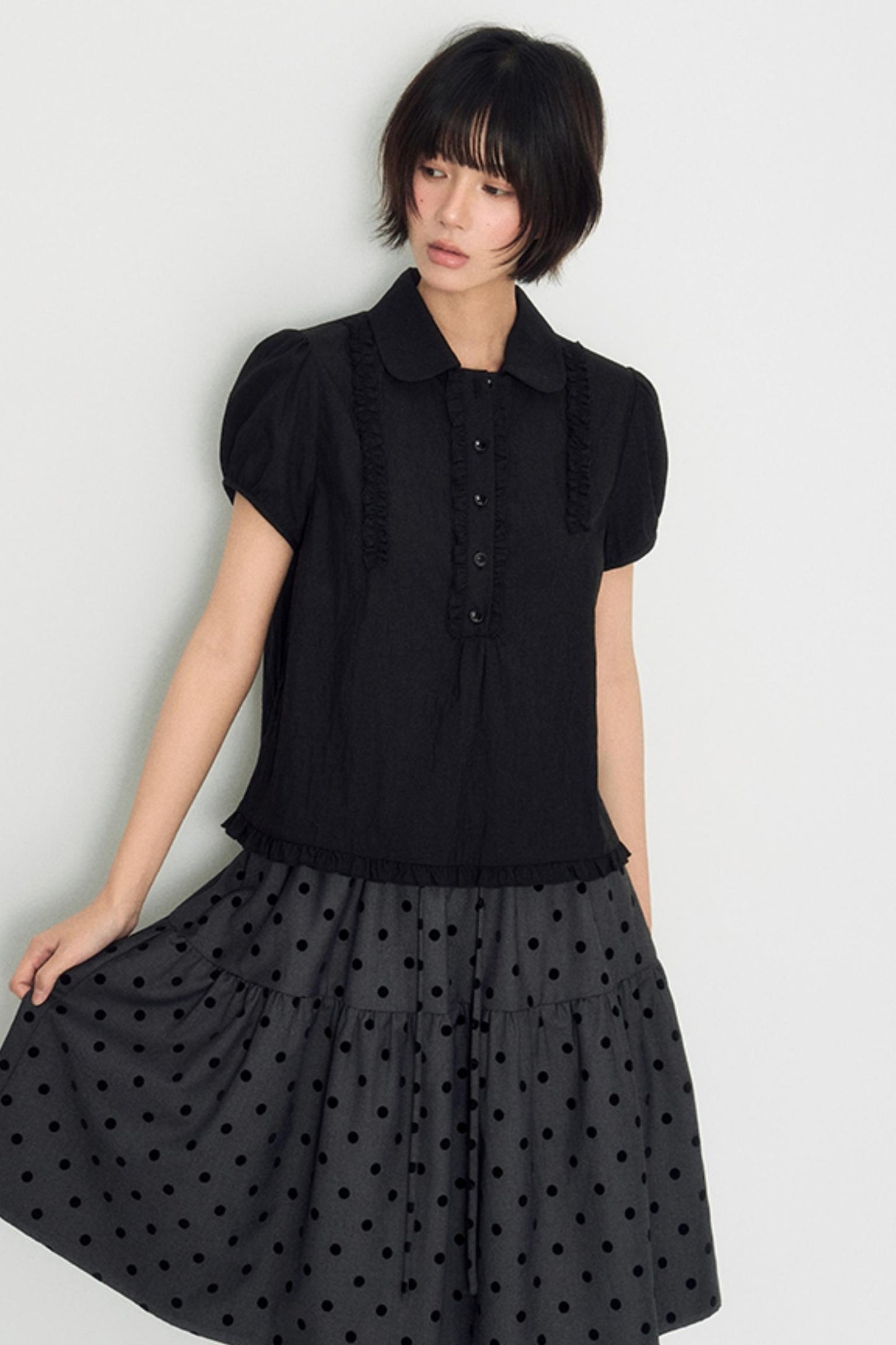 Flocked Polka Dot Umbrella Retro Skirt Set-Up