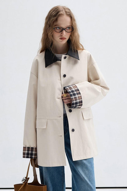 Check Contrast PU Leather Trench Coat