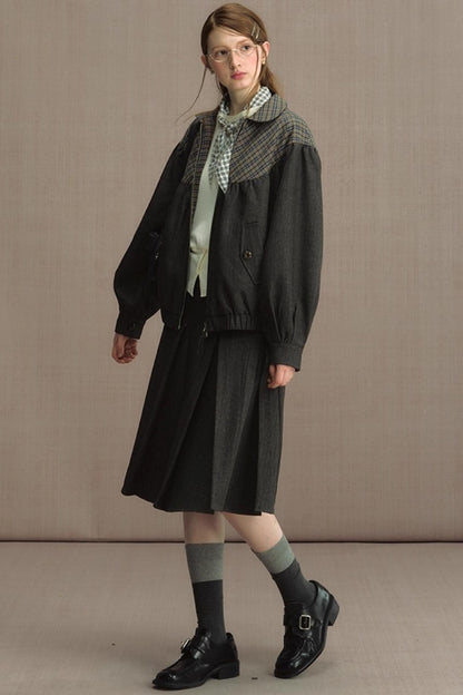 Retro Gray Plaid Cropped Jacket Set-Up