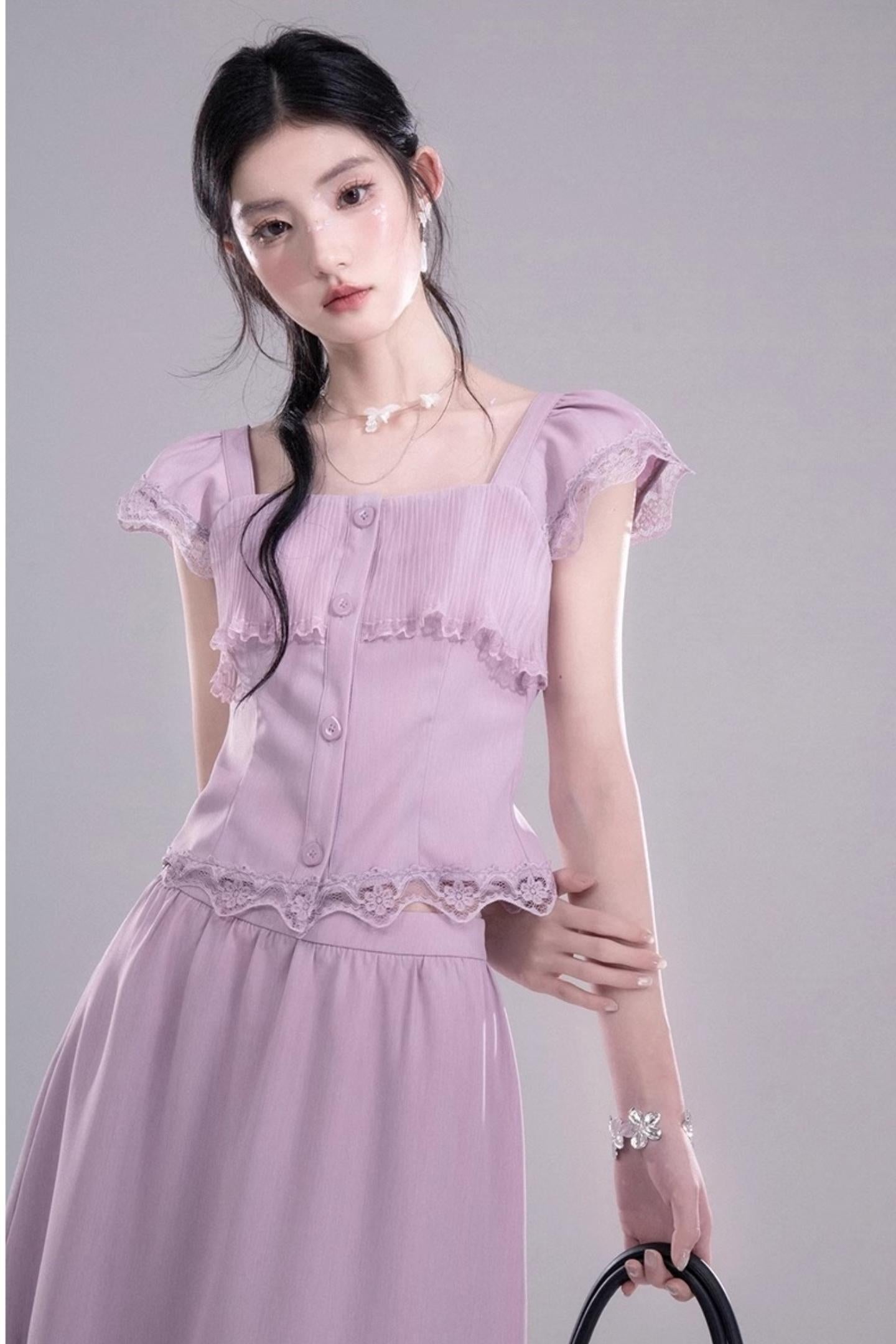 Purple Lace A-Line Skirt Top Set