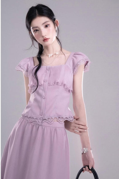 Purple Lace A-Line Skirt Top Set