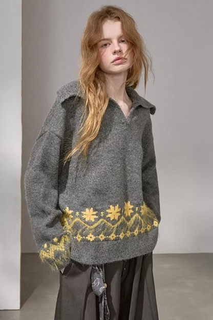 Lace-Up Turn-Down Collar Sweater Matching Set