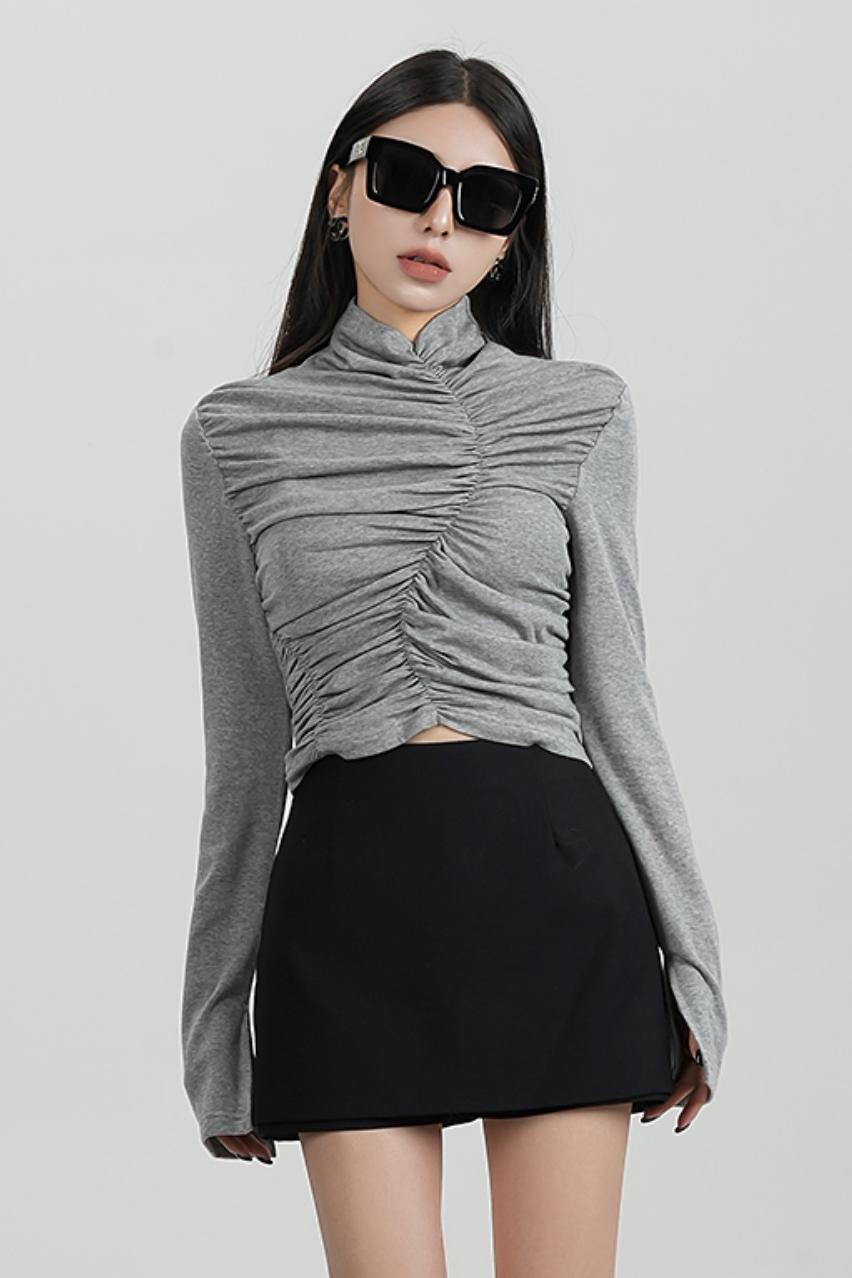 SRYSAME's fashionable design, pleated high-waisted base layer, T-shirt, long-sleeved top, autumn new women's wear