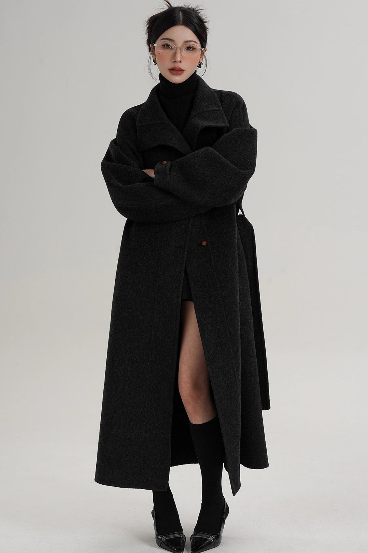 Elegant High-Neck Long Wool Coat