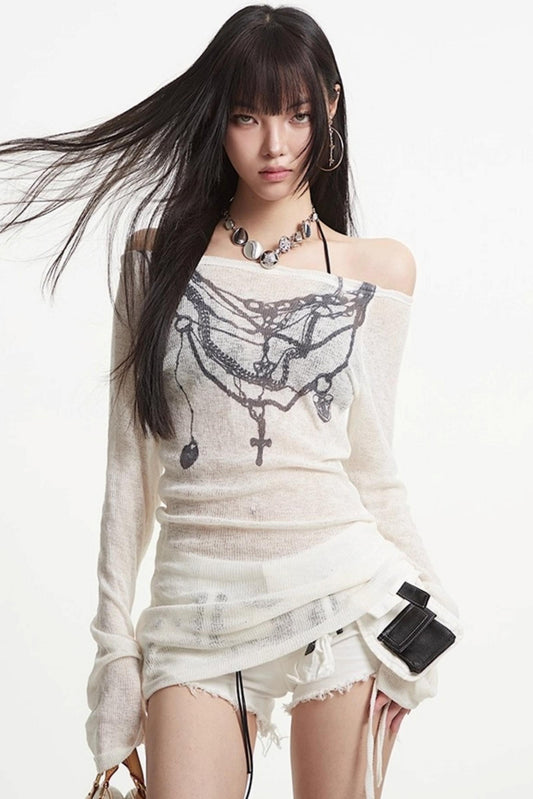 White Mesh Sleeve Top