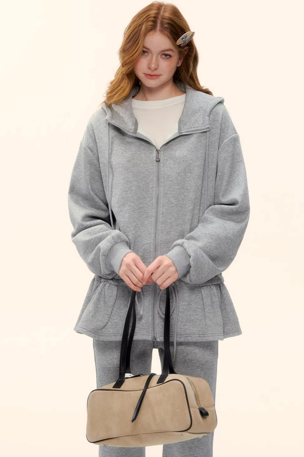 Hooded Drawstring Fleece Jacket Set-Up