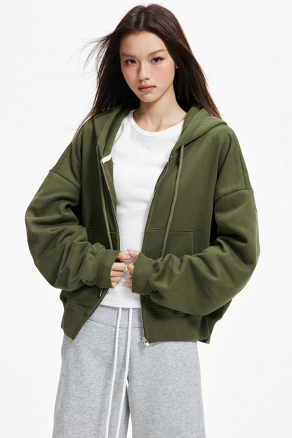 Cropped Hooded Cardigan Zip Jacket