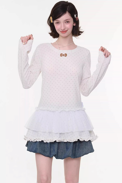 Lace Pleated Polka Dot Top
