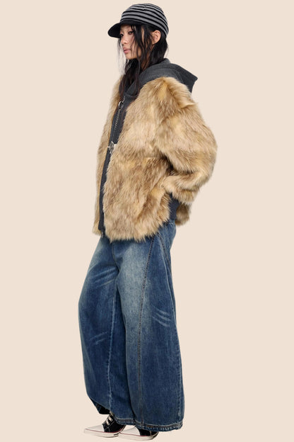 Fur Patchwork Hooded Cardigan