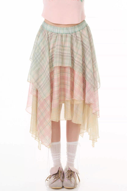 Cherry Blossom Plaid Chiffon Skirt